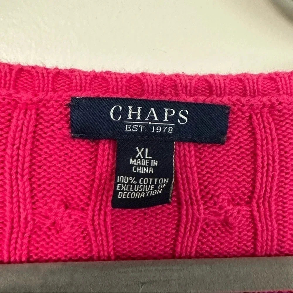 Chaps Cable Knit Hot Pink Long Sleeve V-Neck Sweater Size Large GUC - Picture 6 of 8